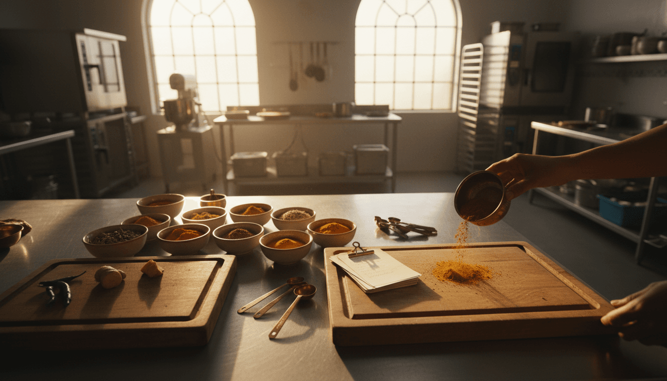 Professional commercial kitchen workspace with organized spices and traditional Indian culinary ingredients